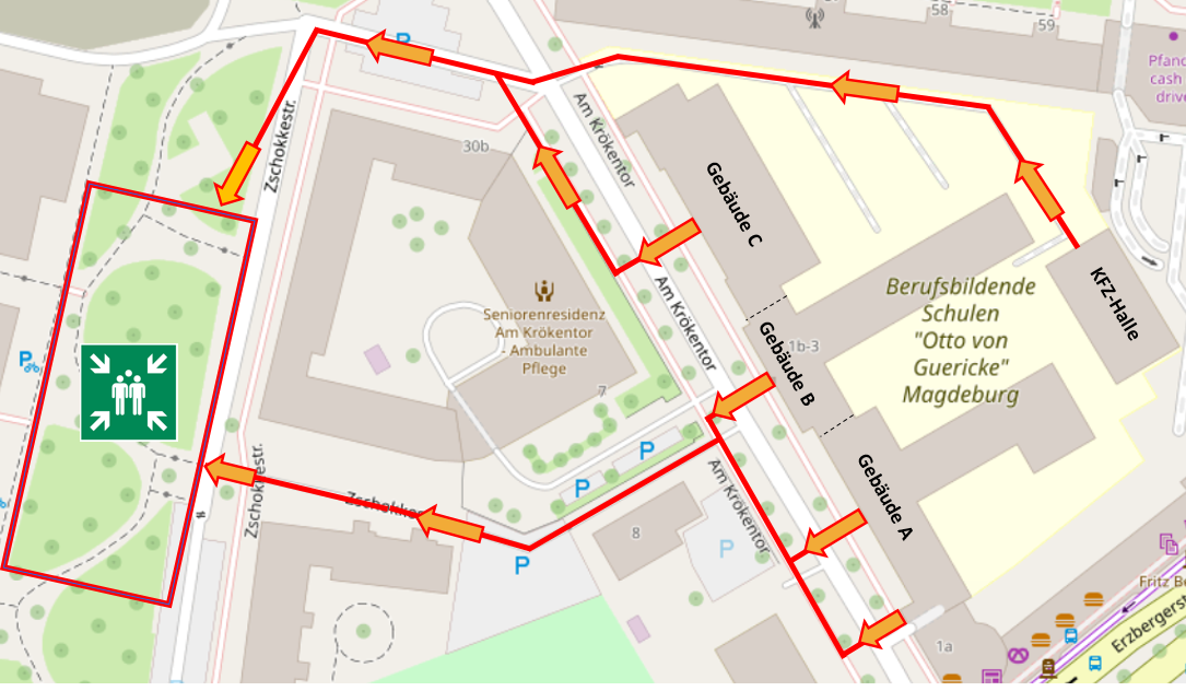 Lageplan mit den Fluchtwegen von den Gebäuden A, B und C sowie der KFZ-Halle zum Sammelplatz an der Zschokkestraße